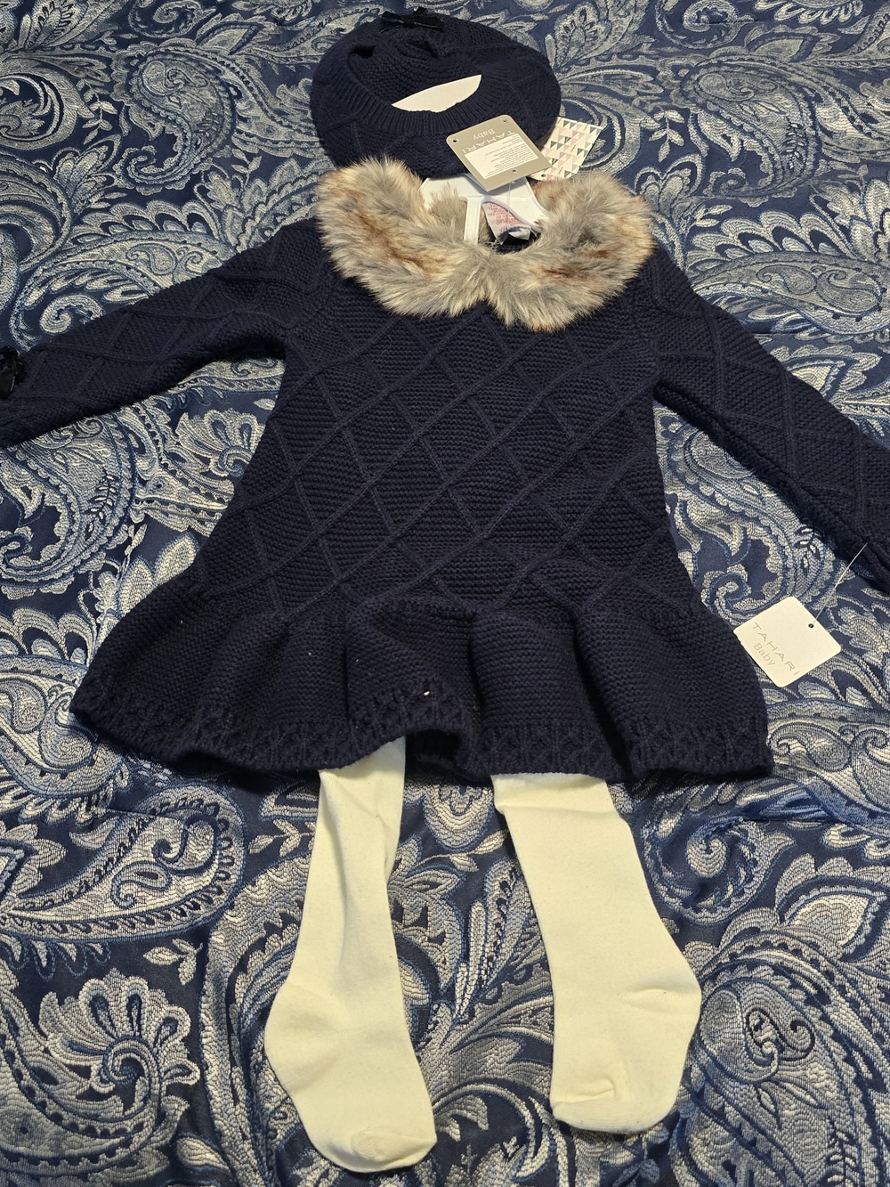 NWT Tahari Baby Girl 3-Piece Knit Sweater Dress Set Navy Tights Beret 12M